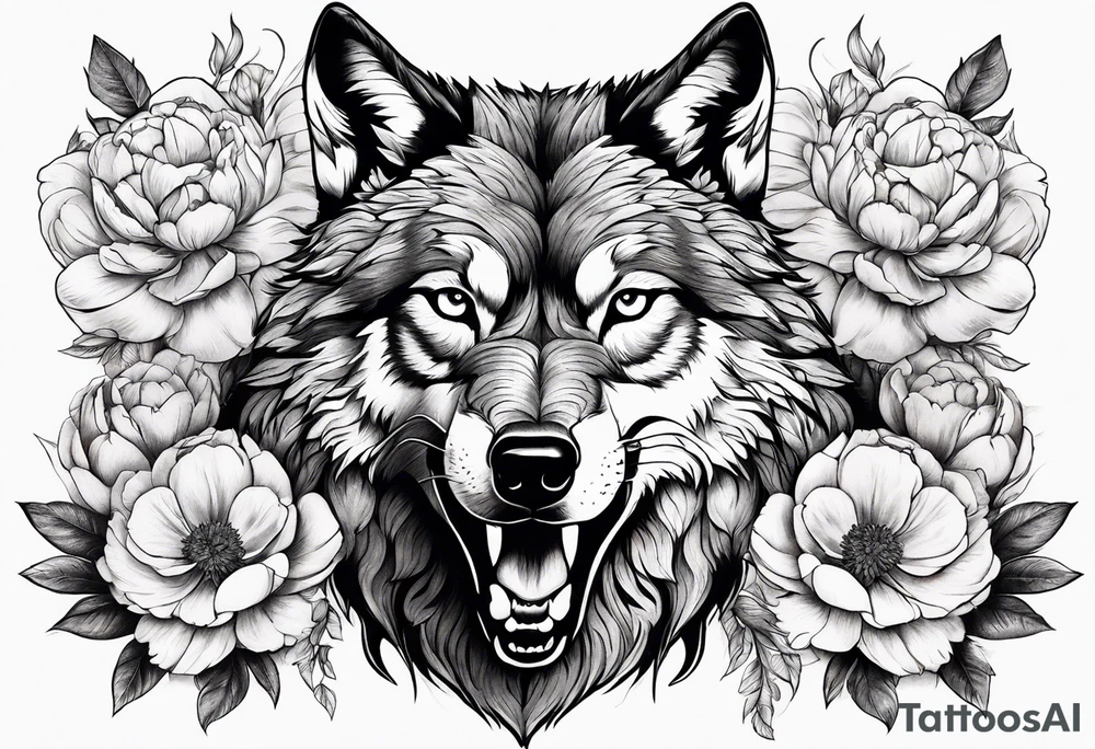 Fighting wolf with whole body of wolf with peonies tattoo idea