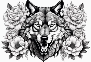 Fighting wolf with whole body of wolf with peonies tattoo idea
