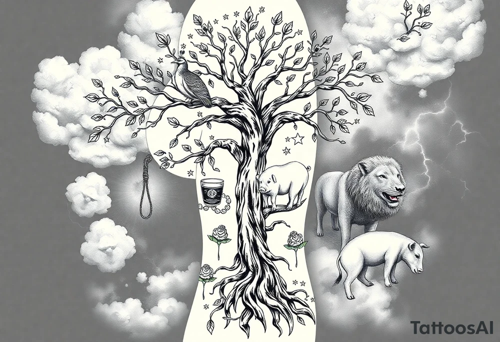 mystical tree of life with cosmic roots and celestial branches fat naked sexy woman , peacock , pig , cupcakes, liquor, cigerette, Storm clouds, pig, peacock , fat sexy naked fat woman, cupcakes, noose , money, goat lion, couple having sex, cigerette storm lightening, killing, darkness death, violent majestic creatures fat naked girl tattoo idea