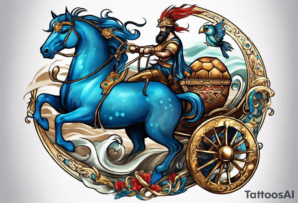 in the middle there are sea horses pulling a chariot. on the upper right is a blue nose and a rock sourrounded by water, on the upper left is a turtle with a golden shell and on the bottom is a ribbon with a sparrow on each side holding it up tattoo idea