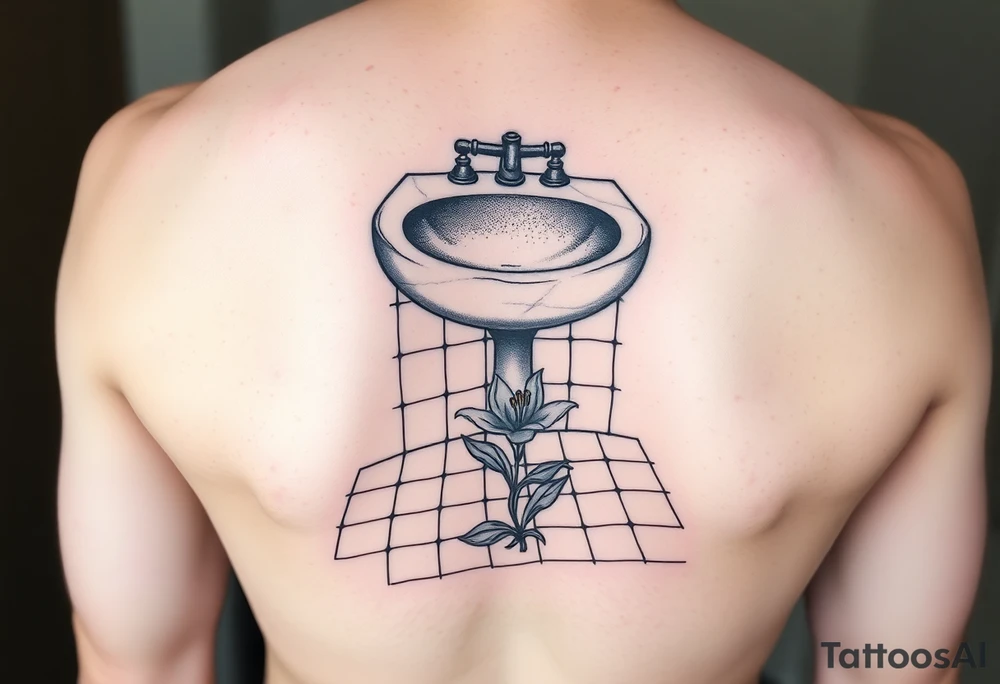 bathroom sink on tile floor with lily coming up out of the floor tattoo idea
