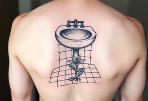 bathroom sink on tile floor with lily coming up out of the floor tattoo idea