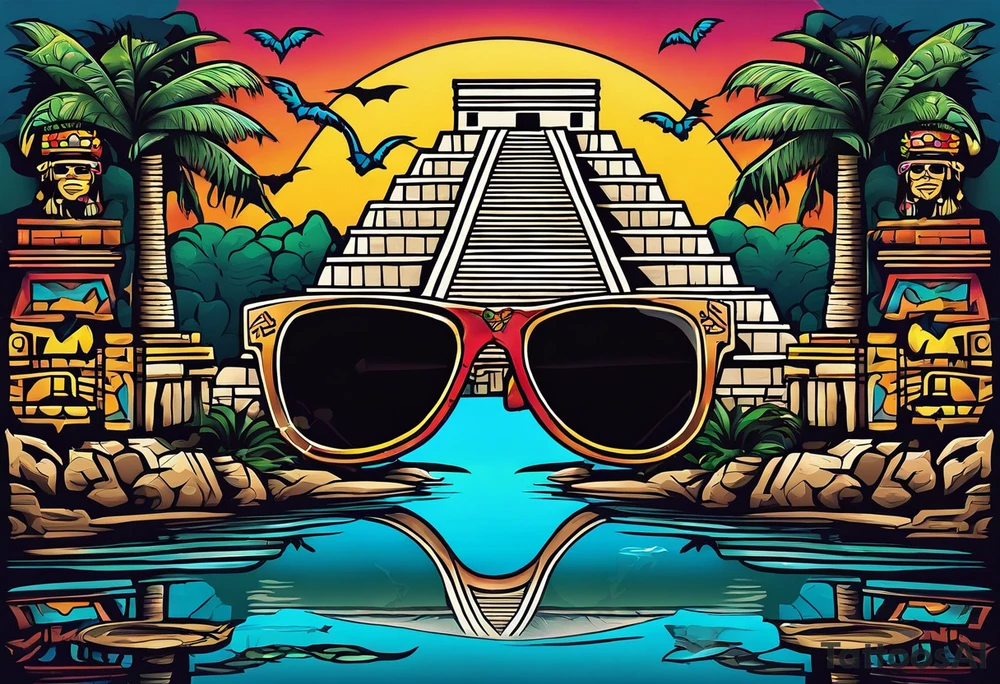 Colorful Mayan hieroglyph wearing sunglasses with reflection of Chichen Itza with bats and water and caves tattoo idea