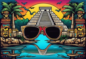 Colorful Mayan hieroglyph wearing sunglasses with reflection of Chichen Itza with bats and water and caves tattoo idea