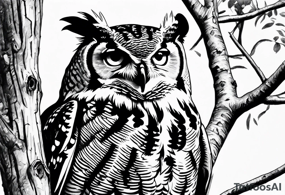 great horned owl in a tree hollow tattoo idea