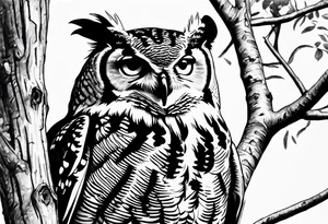 great horned owl in a tree hollow tattoo idea