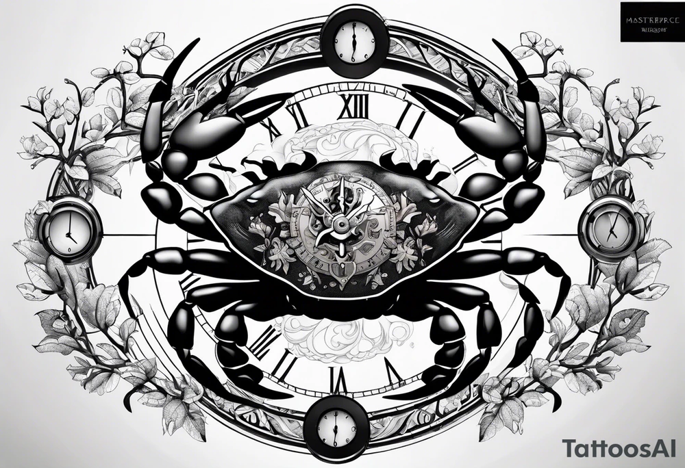 Zodiac crab with clock inside tree of life tattoo idea
