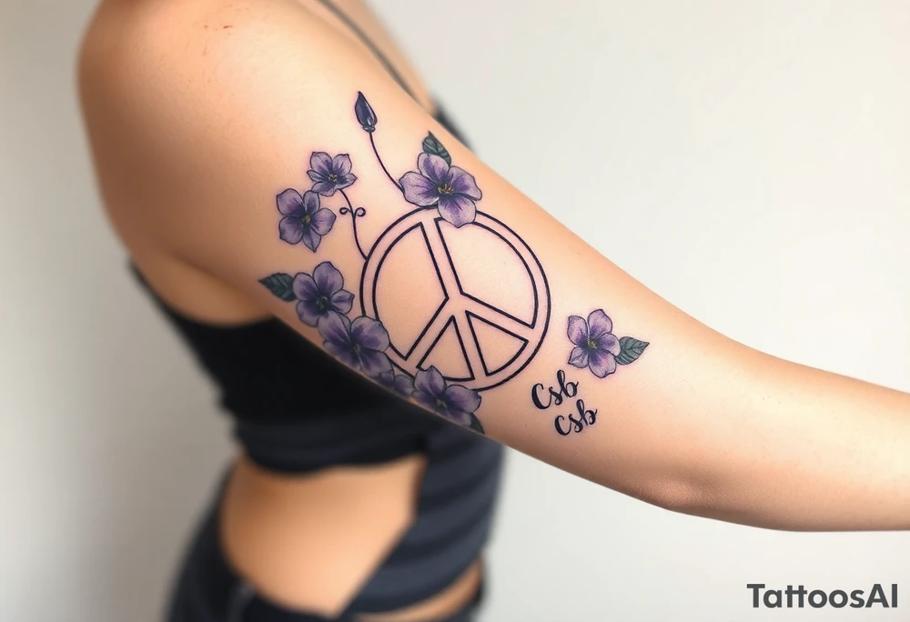 peace symbol intertwined with violets Pisces symbol, dog prints, amethyst, initials csb in cursive font tattoo idea