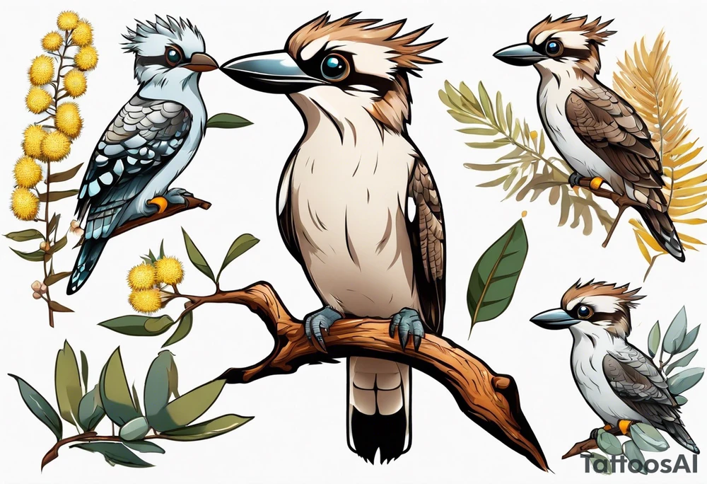 Cartoon kookaburra sitting on wattle and eucalyptus leaves tattoo idea