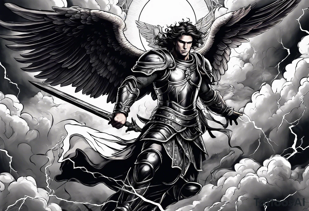 Michael the Archangel defeating the devil.  clouds and lightning in background tattoo idea