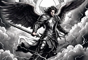 Michael the Archangel defeating the devil.  clouds and lightning in background tattoo idea