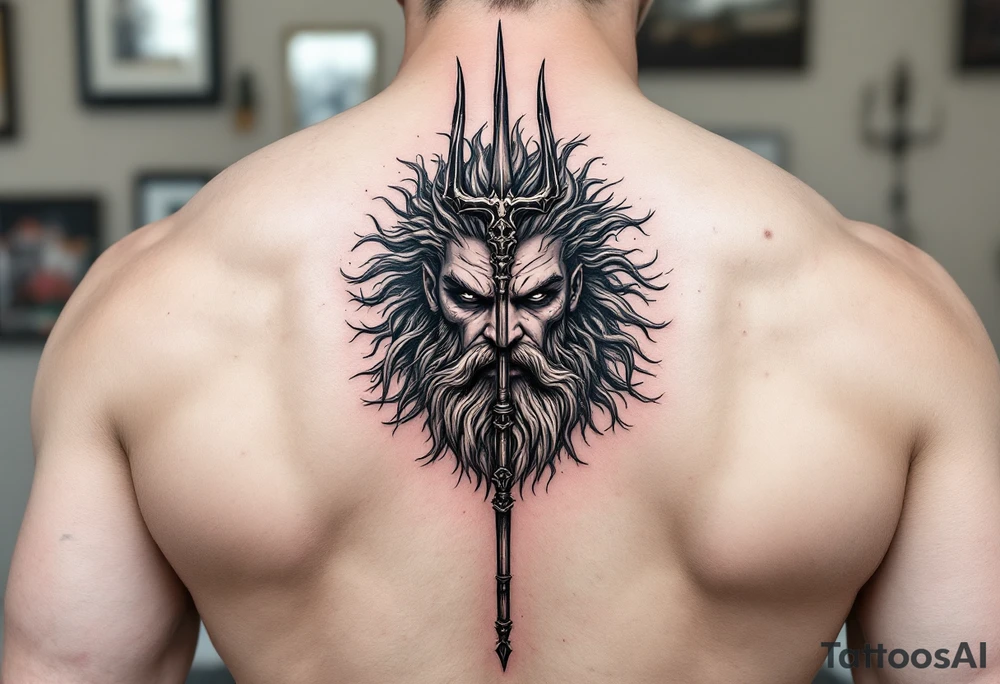 gay poseidon face behind trident tattoo idea