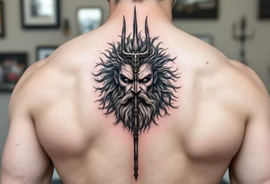 gay poseidon face behind trident tattoo idea