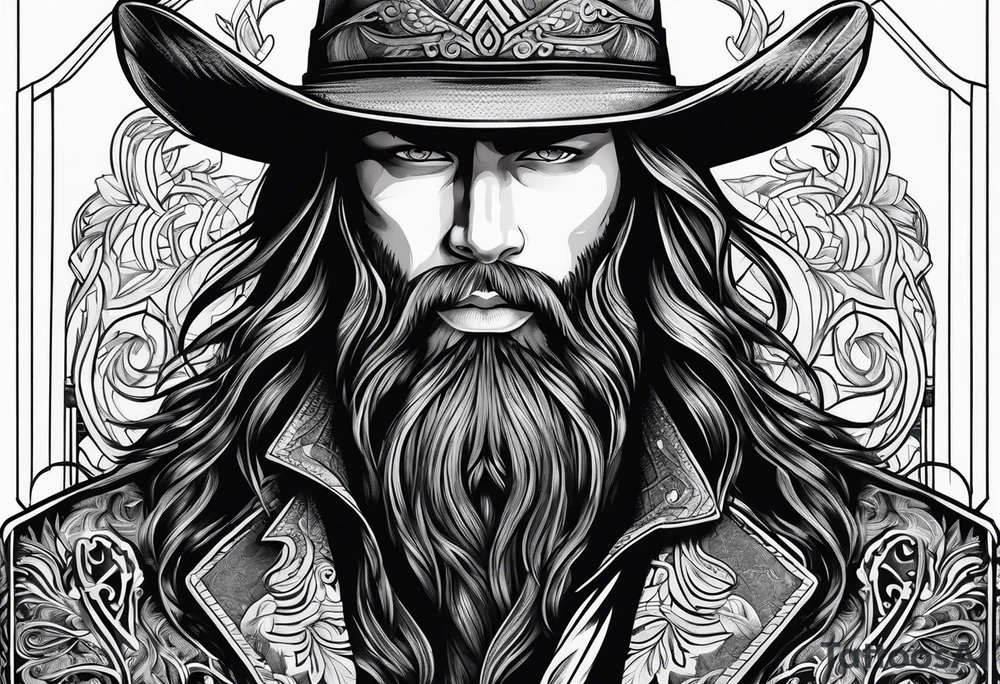 Cowboy with long hair and beard, white letters jacket tattoo idea