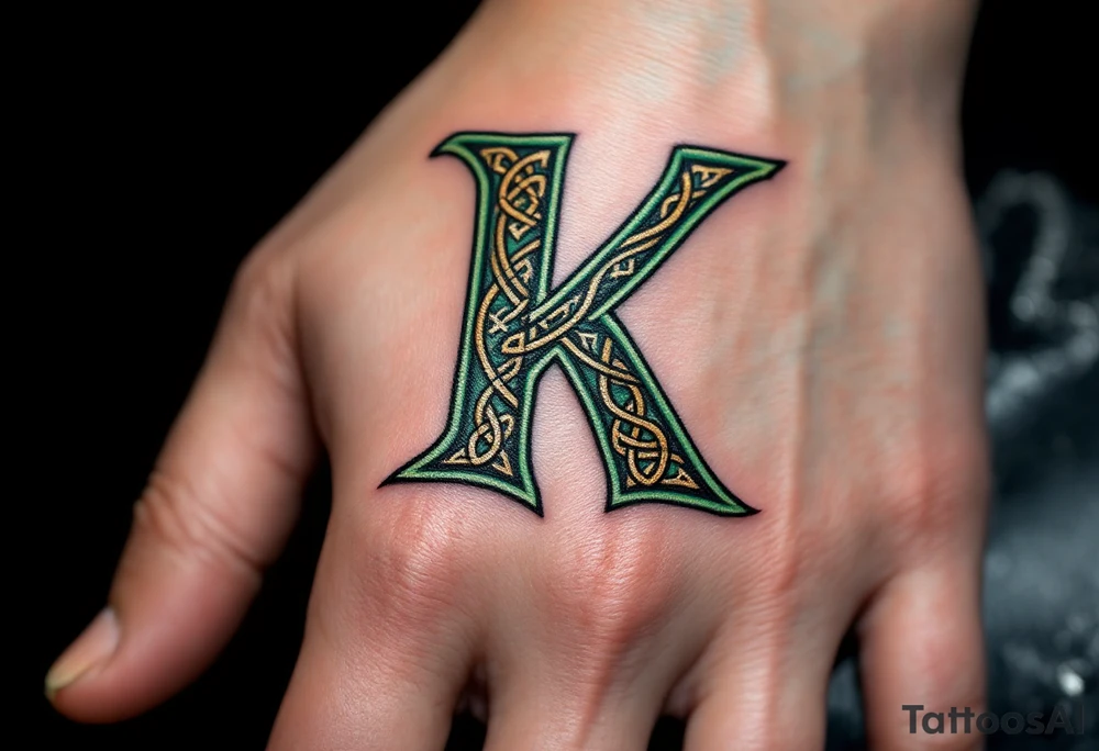 Celtic knotwork K, designed in forest green and bronze, intricately woven lines resembling traditional Irish designs placed under the eye. tattoo idea