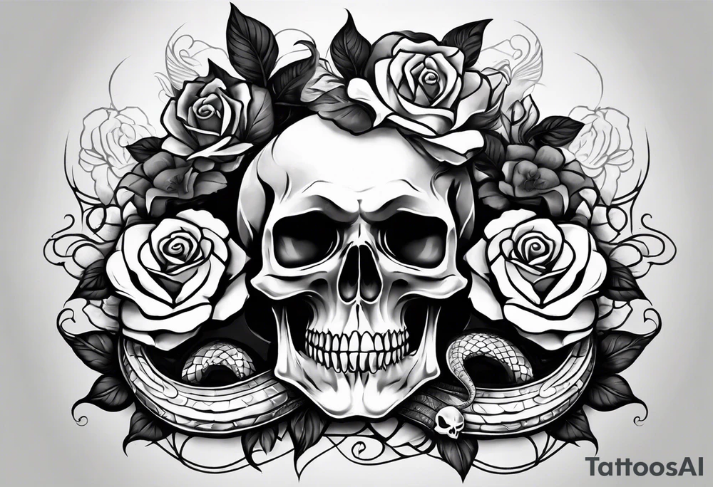 A skull with a snake wrapped around it and roses bordering all of it tattoo idea