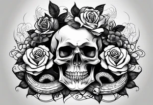 A skull with a snake wrapped around it and roses bordering all of it tattoo idea