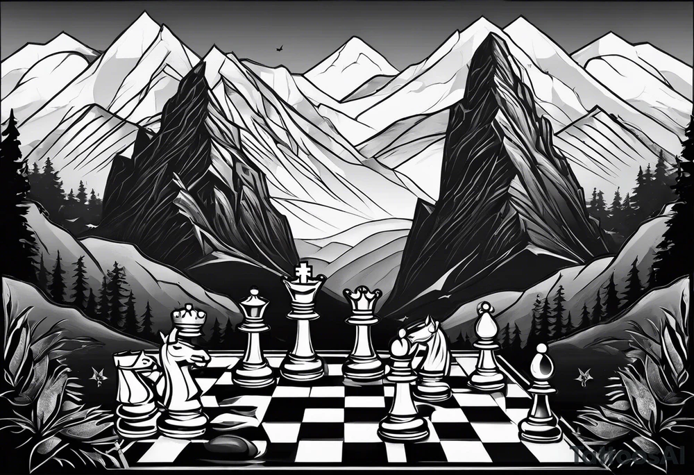 chessboard with king and queen piece, background in a mountain and ravens. tattoo idea