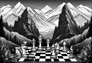 chessboard with king and queen piece, background in a mountain and ravens. tattoo idea