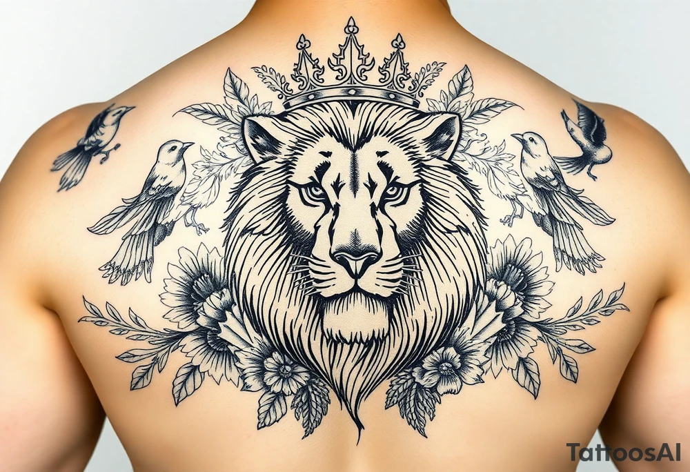 powerful majestic lion with a crown, surrounded by floral ornaments and birds tattoo idea