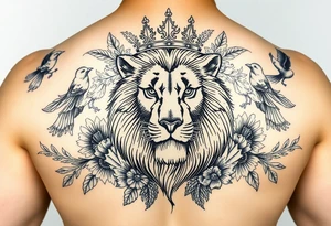 powerful majestic lion with a crown, surrounded by floral ornaments and birds tattoo idea