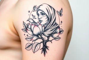 Lotus flower and tree of life that breaks into flying birds and in background with an arab woman with scarf covering her face tattoo idea