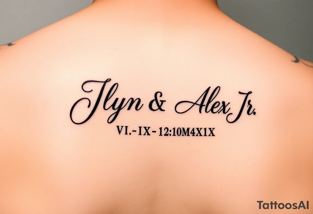 Junelyn & Alex Jr in cursive font with dates VI·IX·MMXIX VII·XXVII·MMXX tattoo idea