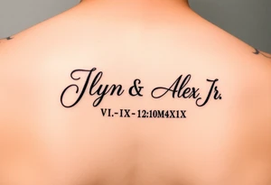 Junelyn & Alex Jr in cursive font with dates VI·IX·MMXIX VII·XXVII·MMXX tattoo idea