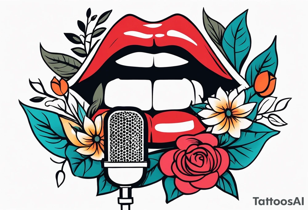 lips singing old school vintage traditional
flowers around and mouth next to microphone
bold and colorful simple design dots and simple flowers sketch tattoo idea