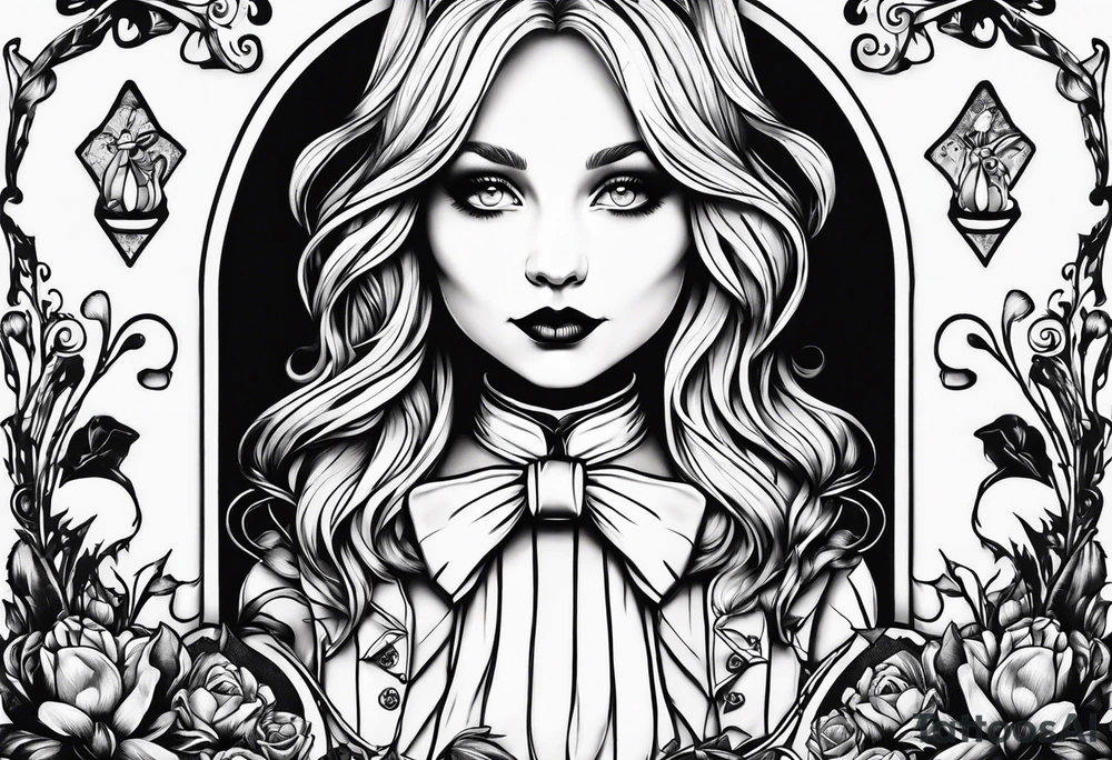Alice in wonderland, Alice solo facing the viewer, simplistic tattoo idea