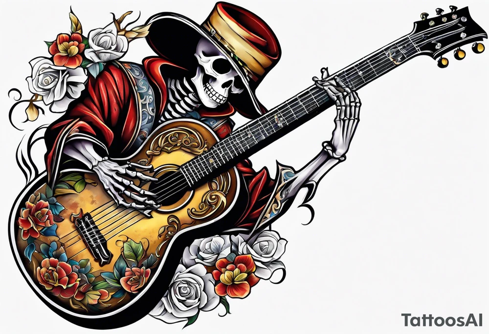 Skeleton playing guitar tattoo idea