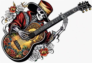 Skeleton playing guitar tattoo idea