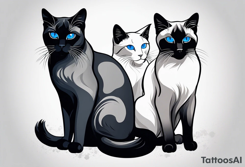 Two cats. One is medium length black and white fur, the other is a medium gray Siamese with blue eyes that are slightly crossed. tattoo idea