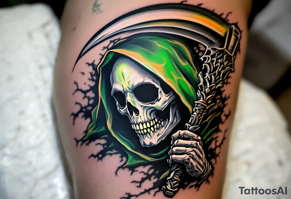 A full-color Grim Reaper with a glowing green hood and a gleaming silver scythe blade. tattoo idea