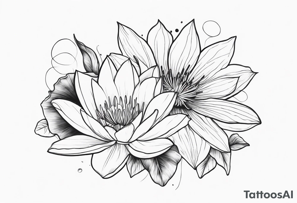 waterlily flower and morning glory flower line boquet tattoo idea