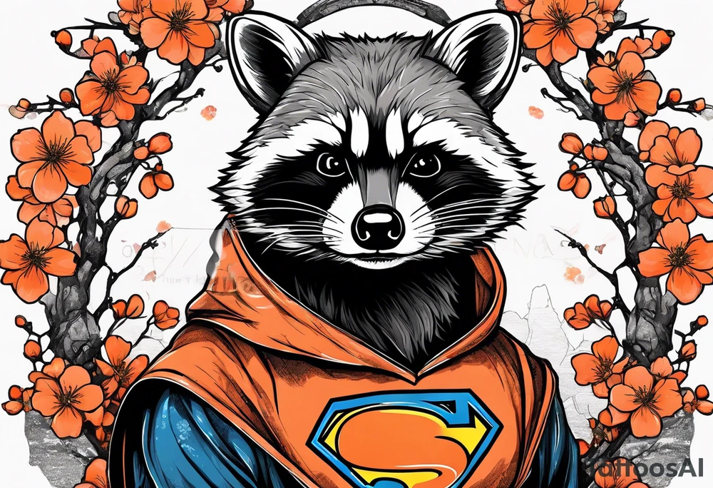 raccoon wearing a black and white Superman hoodie and orange Japanese cherry blossoms tattoo idea