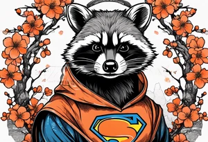 raccoon wearing a black and white Superman hoodie and orange Japanese cherry blossoms tattoo idea