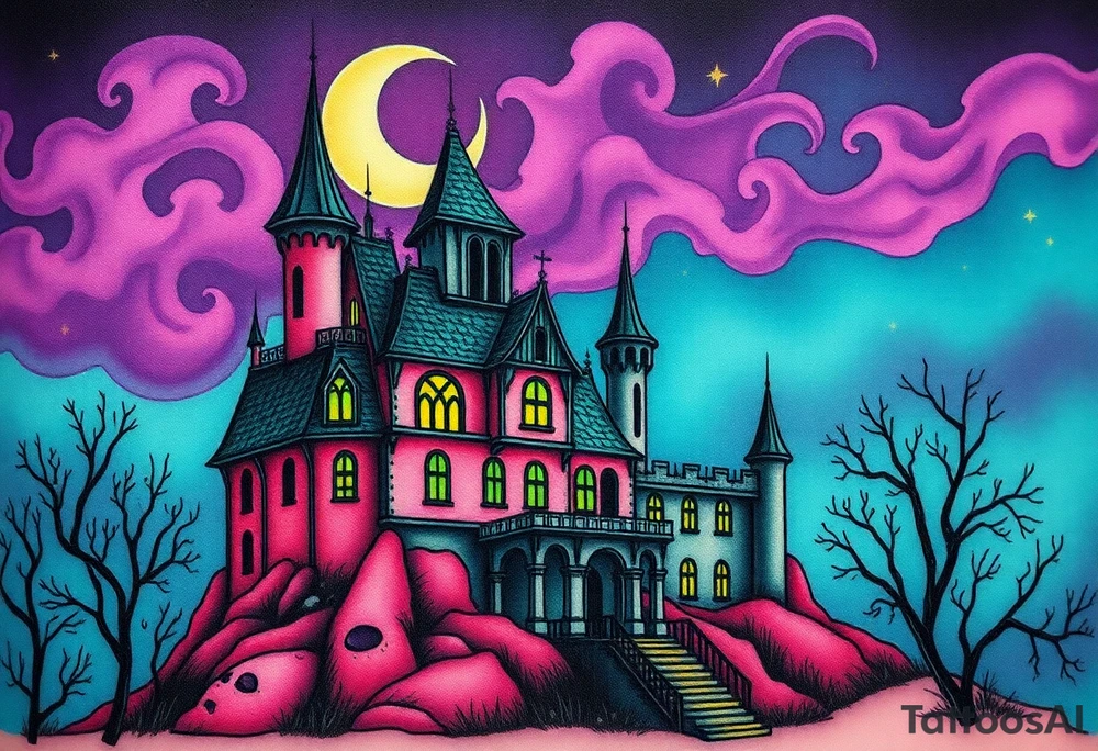 Tim Burton’s disney sleeping beauty’s haunted castle is abandoned and dripping with muted reds, dusty pinks, and eerie green glow.purple and cyan smokey clouds swirl in the crescent moonlit sky thats sprinkled with stars tattoo idea tattoo idea