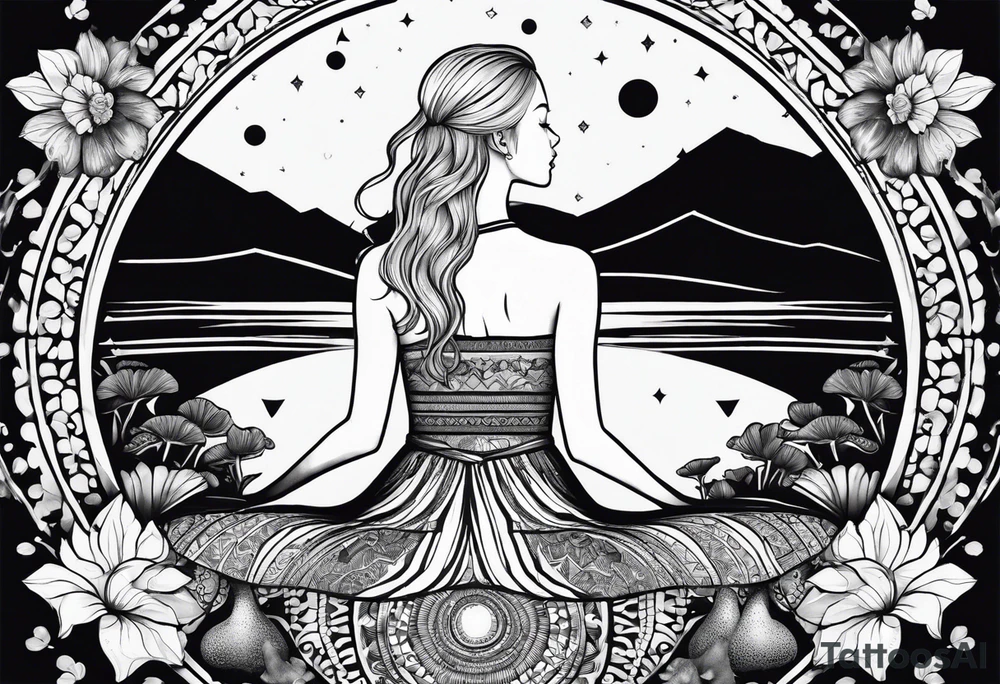 Straight blonde hair girl meditating facing away toward mountains surrounded by mushrooms crescent moon mandala circular design black and white striped dress tattoo idea