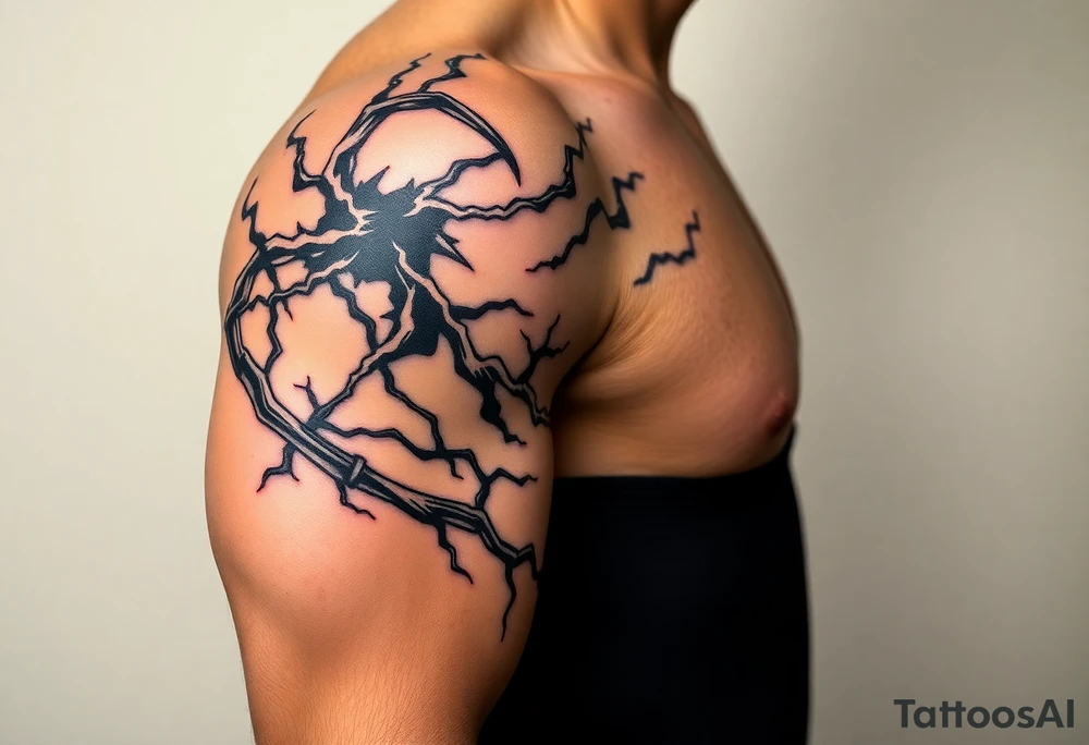 I want a tattoo inspired by the character Izuku midorya from my hero academia. I want his black whip and lighting across my bicep, shoulder and leading slightly to my traps. I want it to be sharp. Not lacking or cringy. Sharp. I don’t want the character or the characters arm. I want the black whip and lighting. tattoo idea