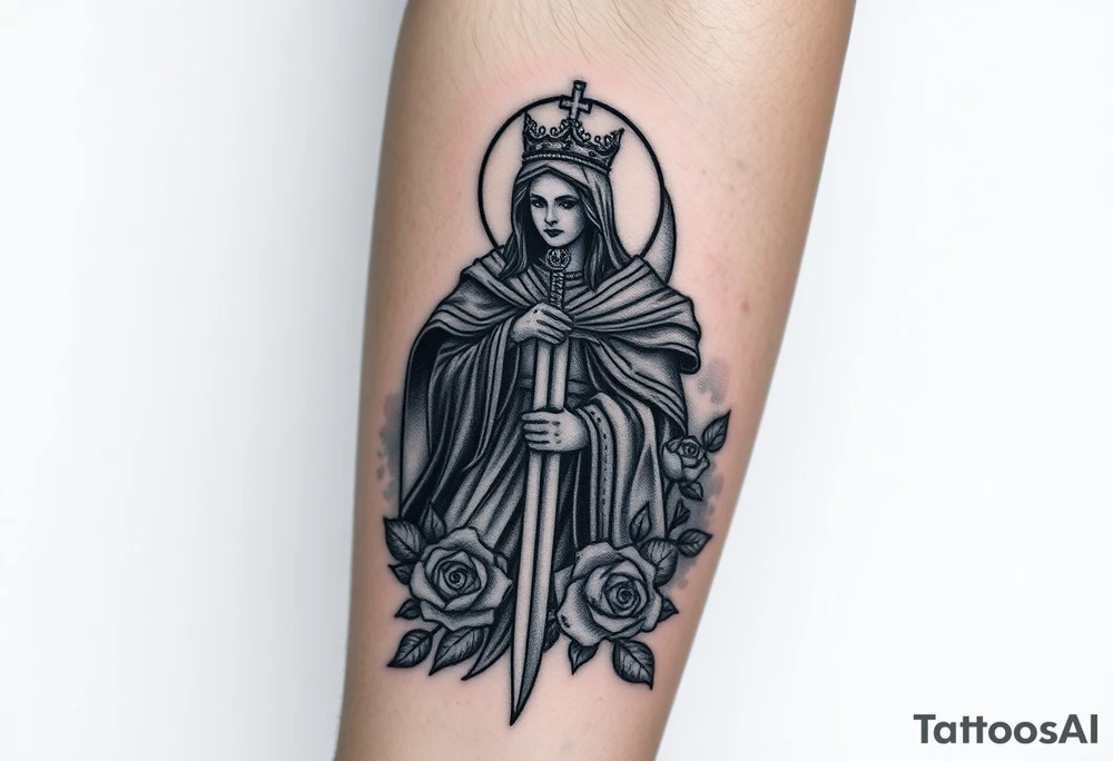 Saint Barbara carrying a sword detailed with a castle tower in the background, the sea, and roses tattoo idea