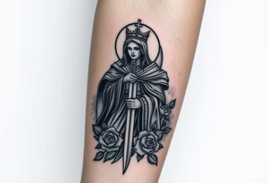 Saint Barbara carrying a sword detailed with a castle tower in the background, the sea, and roses tattoo idea