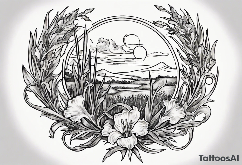 Create a small Vincent van Gogh Irises tattoo with Athena's shield and spear . The tattoo should take the form of a crescent, with vines gracefully intertwining at a central point in the middle of the wreath. Ensure that the design avoids the appearance of a bush and maintains a more structured and deliberate arrangement. The intended placement is on the upper chest. The overall design should be small in size while maintaining a delicate and artistic aesthetic. Pay attention to the graceful flow of the vines and the placement of the irises to achieve a refined and elegant look. tattoo idea