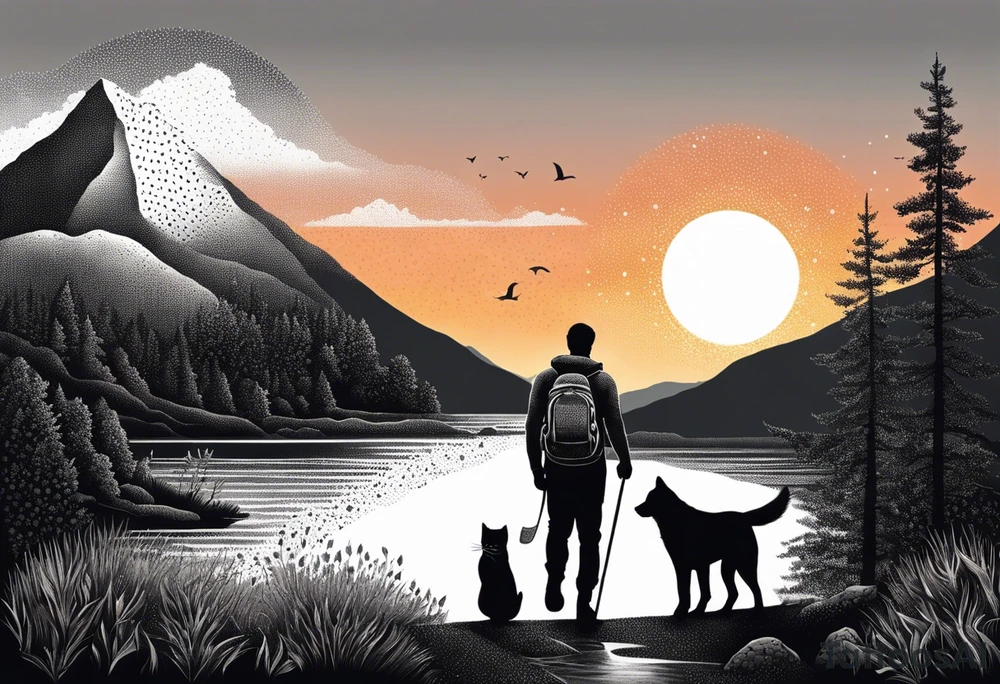 nature, sunset, mountains, a father and son hiking with their dog and cat 
by the water tattoo idea