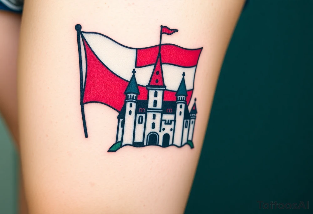 A Czech flag (blue, white up, red down) waving behind a medieval castle tattoo idea