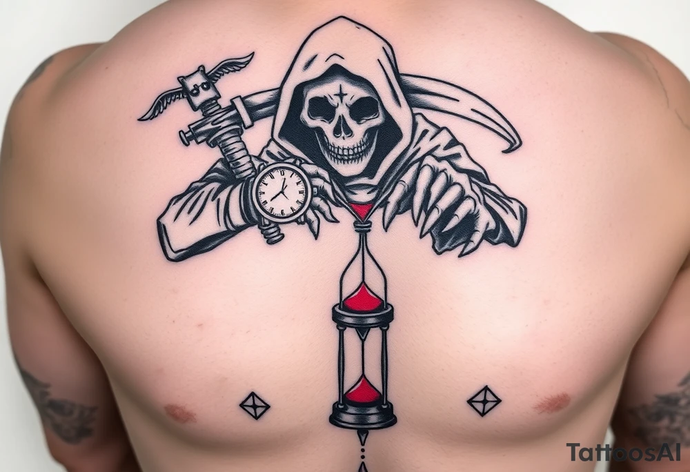 Simple grim reaper looking at a watch on his wrist with a hourglass with red sand and diamond geometric shapes for the thigh tattoo idea