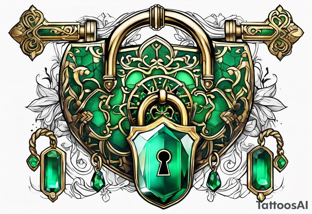 Lock and key with emerald stone tattoo idea