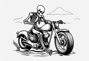 A skeleton riding a motorcycle on the beach drinking a beer tattoo idea