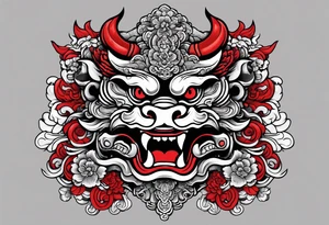 Black and white, grey with red and scarlet accent. Japanese Shisa Okinawa, Thai yak/giant and Thai naga. Image of protection. tattoo idea