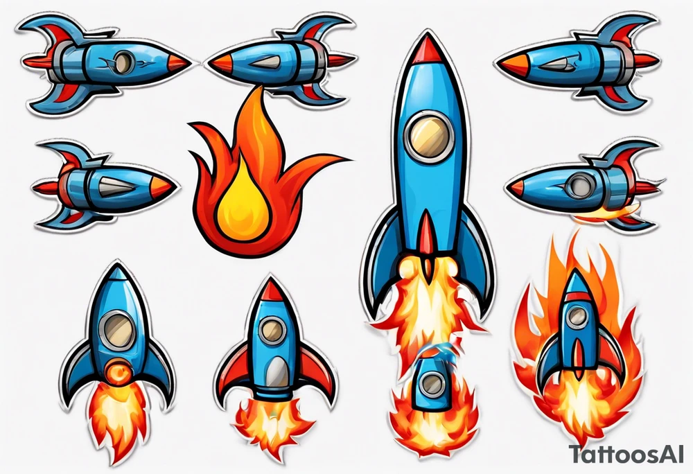 Super simple cartoon rocket ship with a round window, 3 fins, and fire coming out the bottom

Add some shading, color, and detail to make less basic - no blue tattoo idea